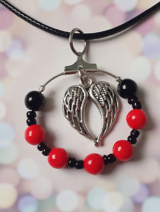 Angel Winged Black and Red beaded hoop pendant necklace