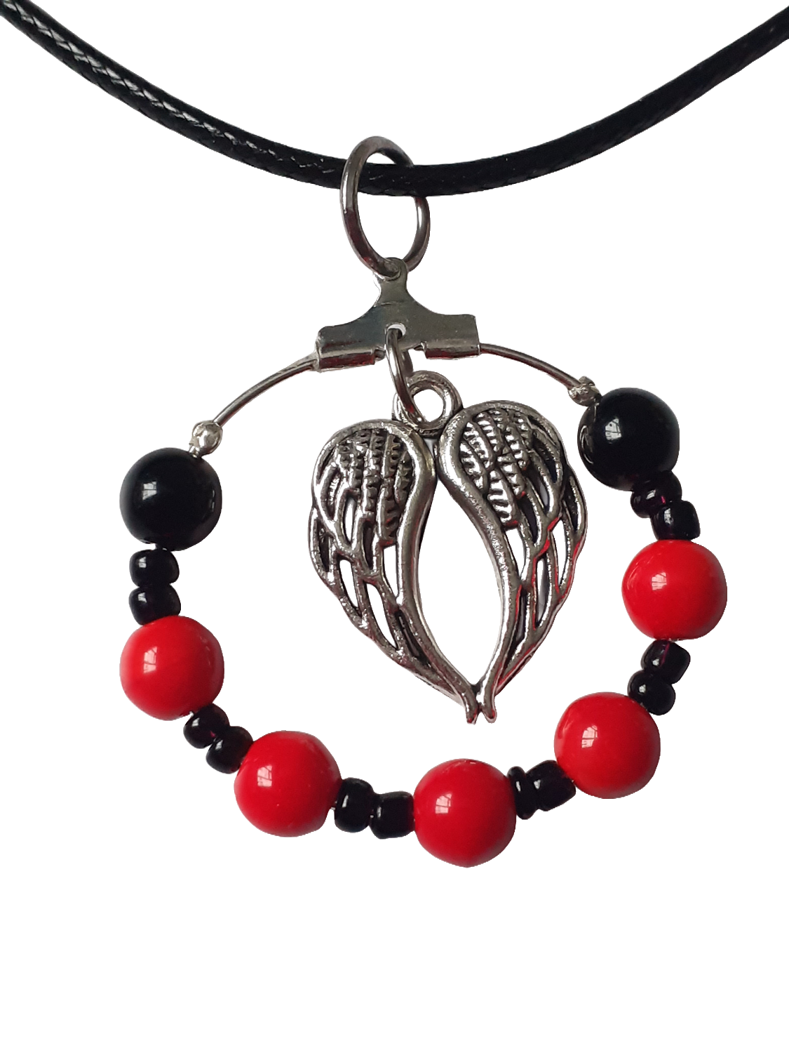Angel Winged Black and Red beaded hoop pendant necklace
