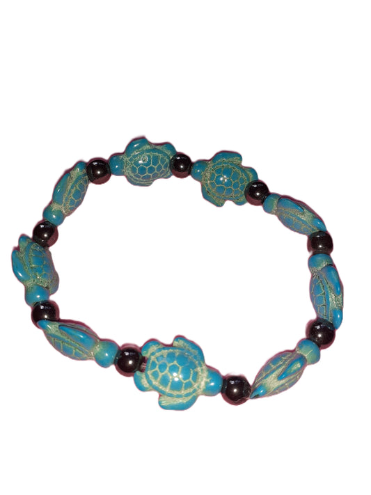 Hematite and blue turtle bracelet