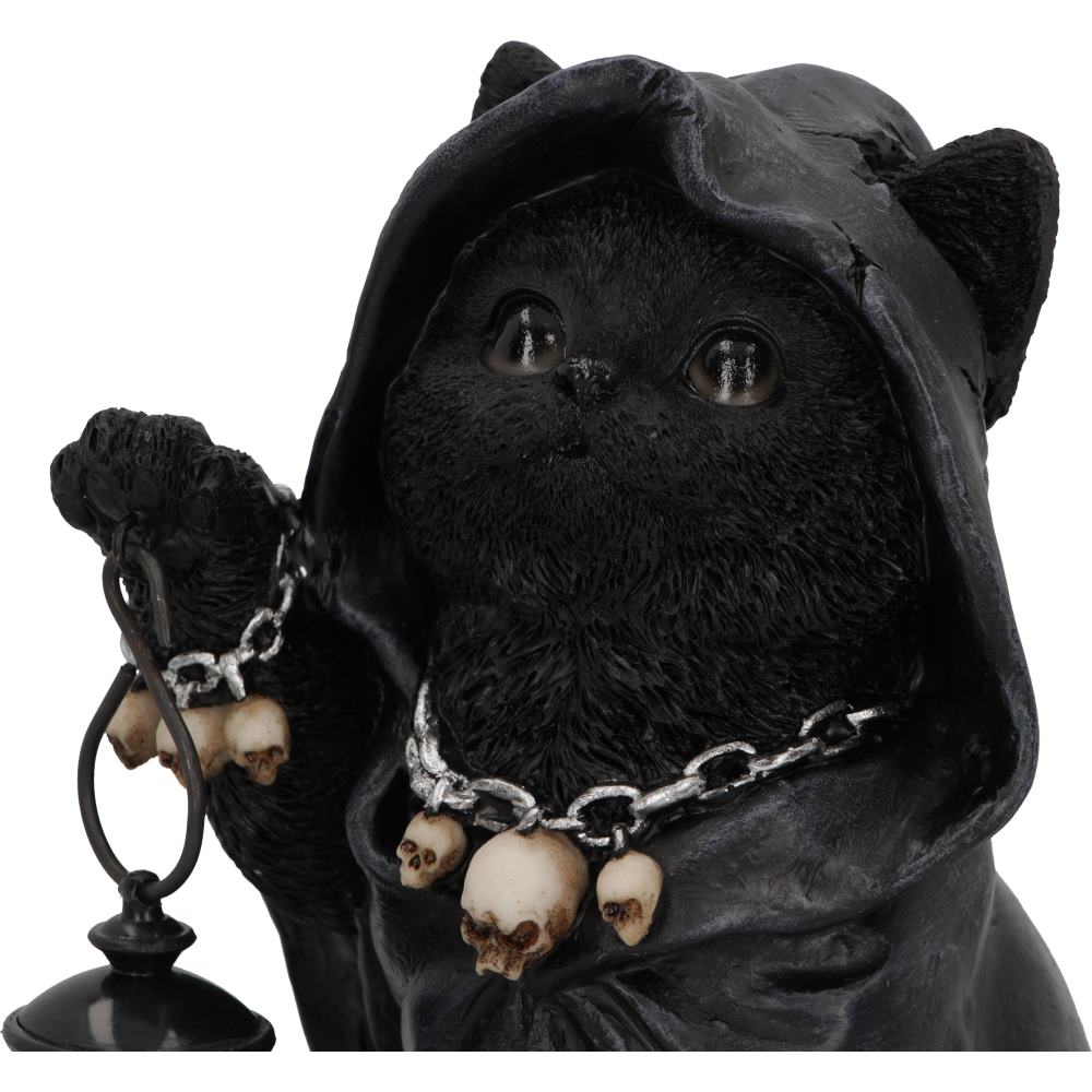 Hand-Painted Halloween Cat Statue – Lantern Holder, Quirky, Grim Reaper, Cat Figurine, adorable feline friend