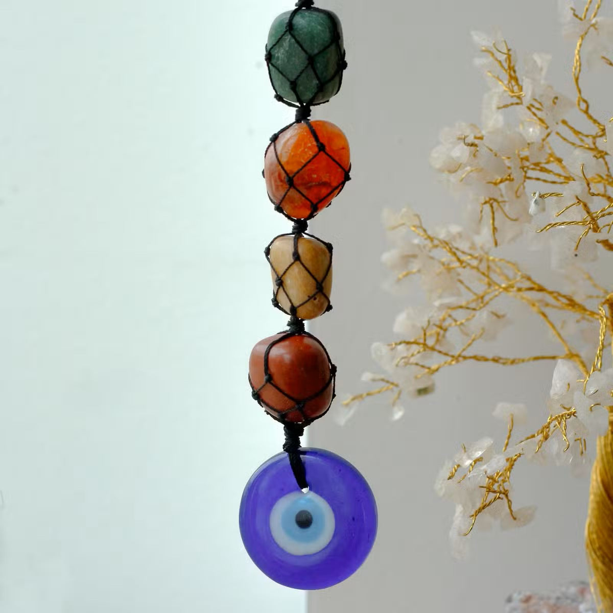 Hanging Chakra Stone Pendant with Evil Eye