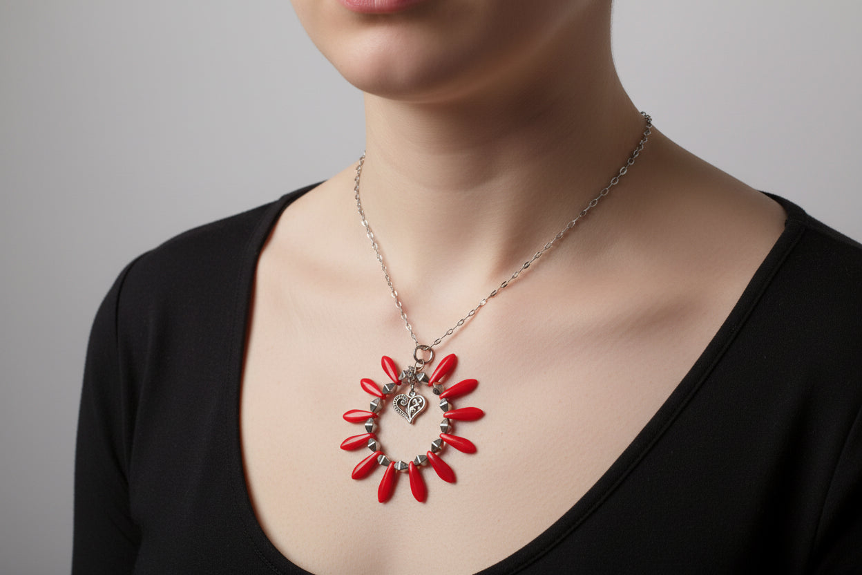 Red and Silver with Heart Centered Necklace