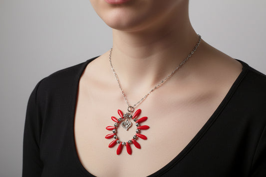 Red and Silver with Heart Centered Necklace