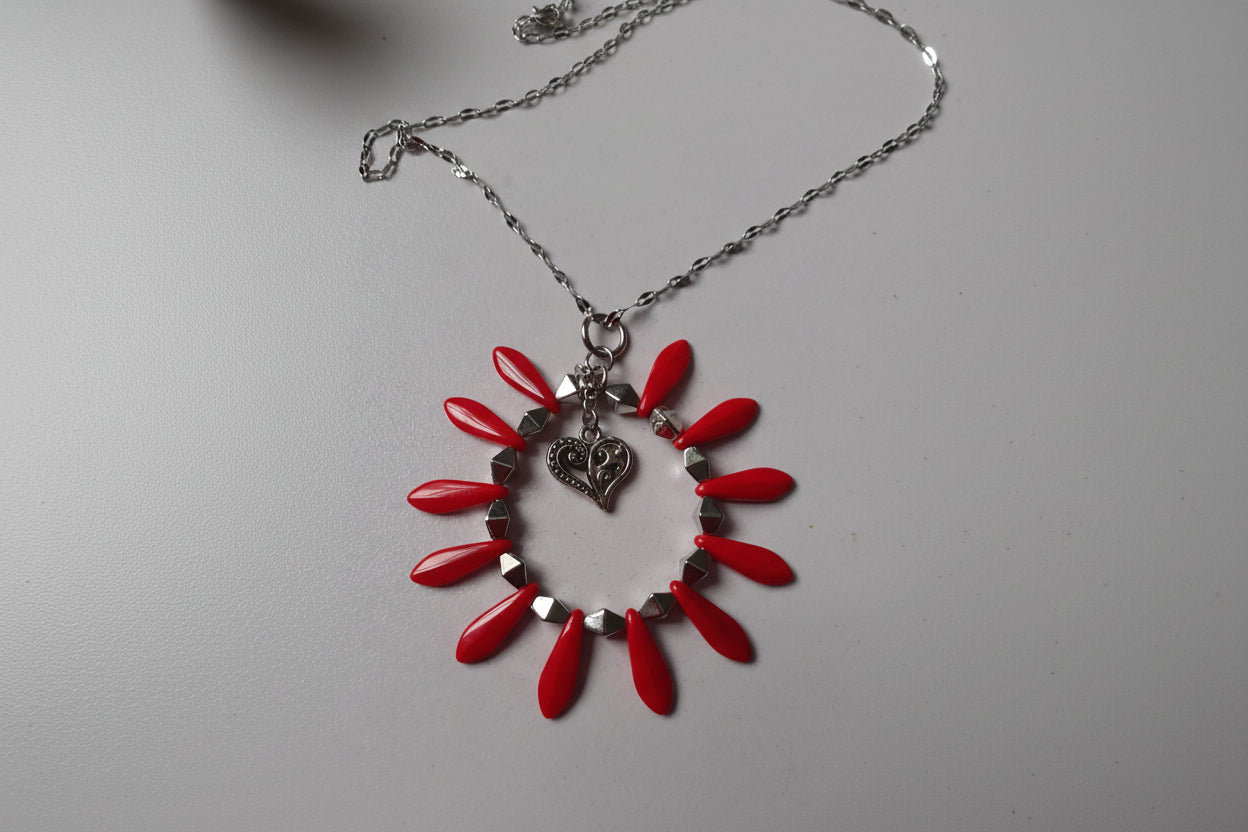 Red and Silver with Heart Centered Necklace