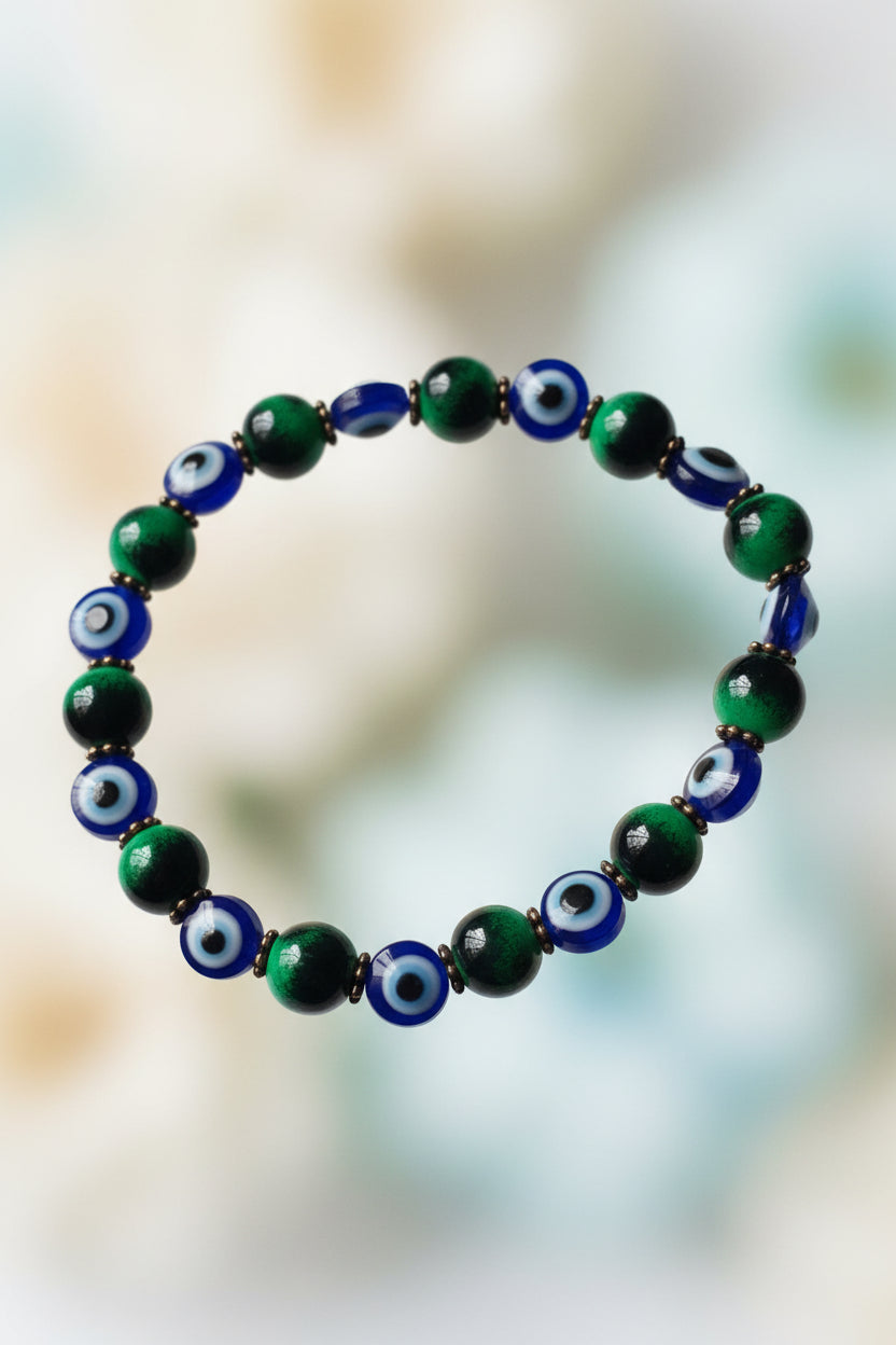 Green Cats Eye style, Evil Eye Protection beaded bracelet