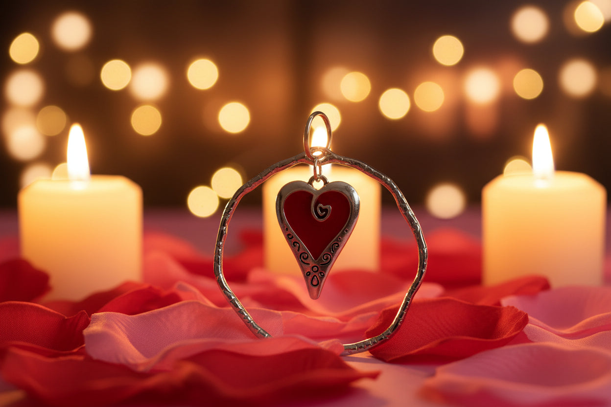 Heart-shaped pendant with red center on a bed of red rose petals with candles and blurred lights in the background