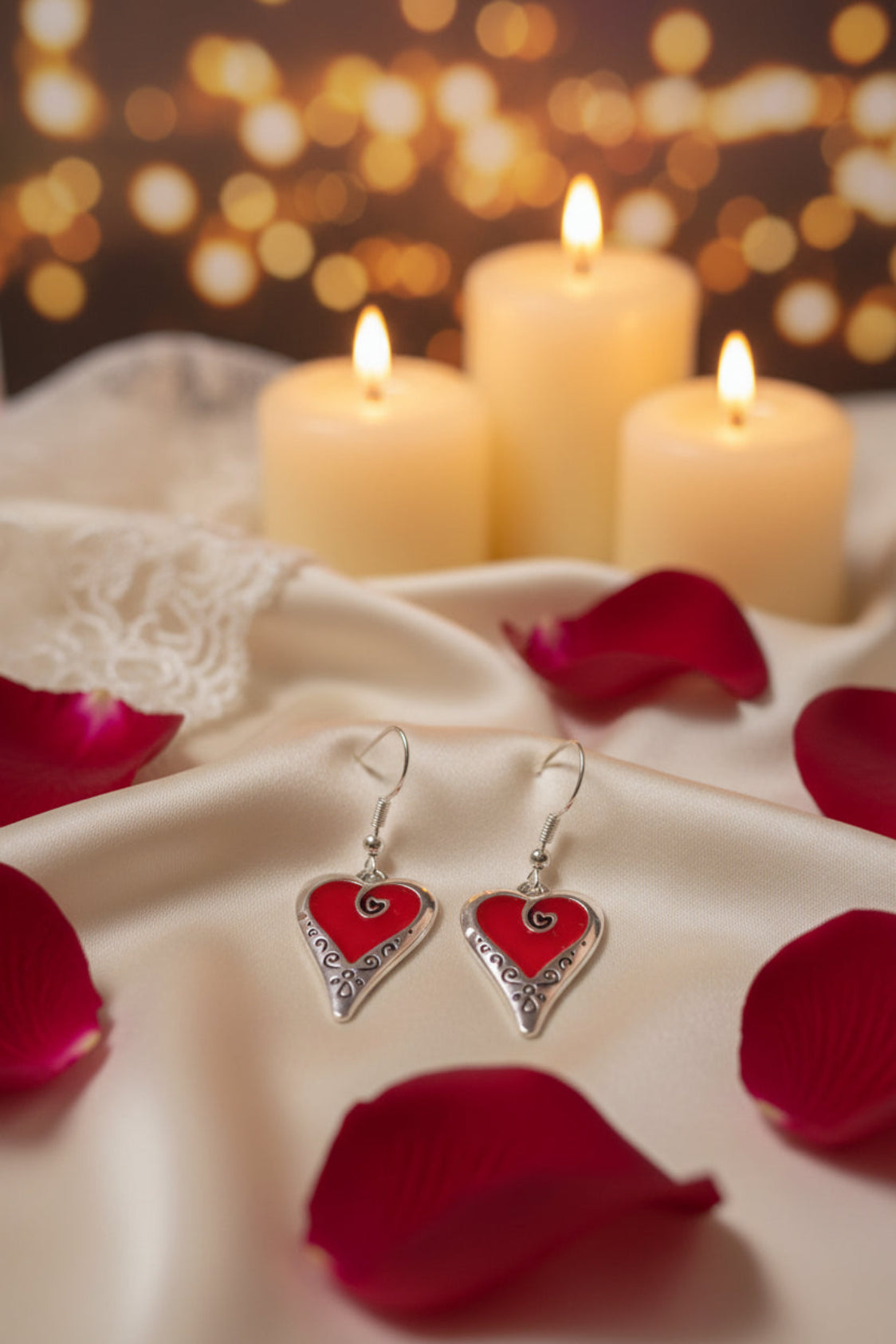 Heart-shaped earrings with red centers and silver borders on a pink background