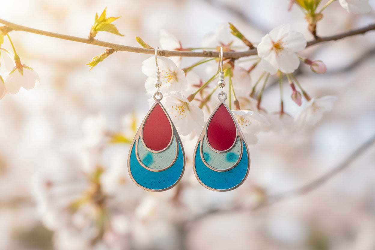 Teardrop-shaped earrings with red, blue, and silver layer