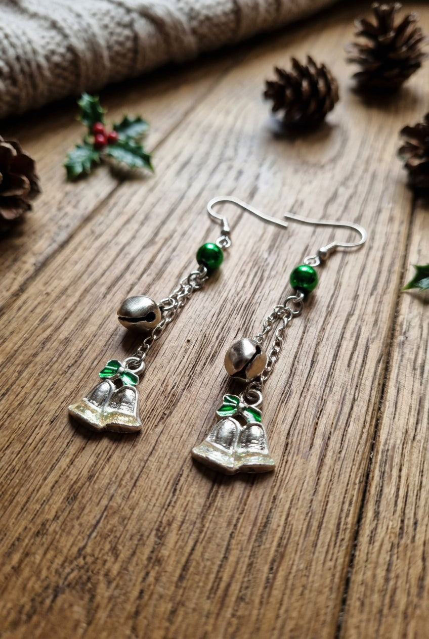 Long drop christmas bell earrings