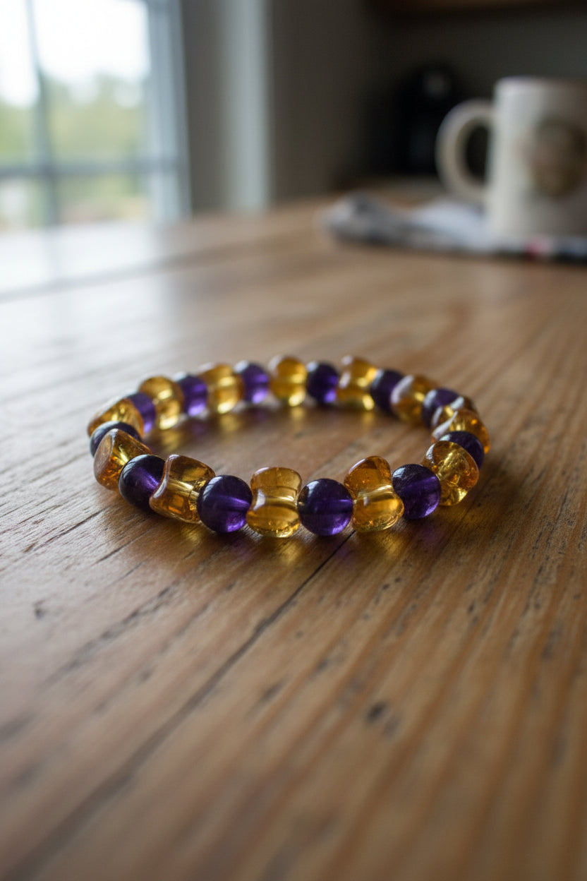 Amber and Amethyst natural crystal gemstone bracelet
