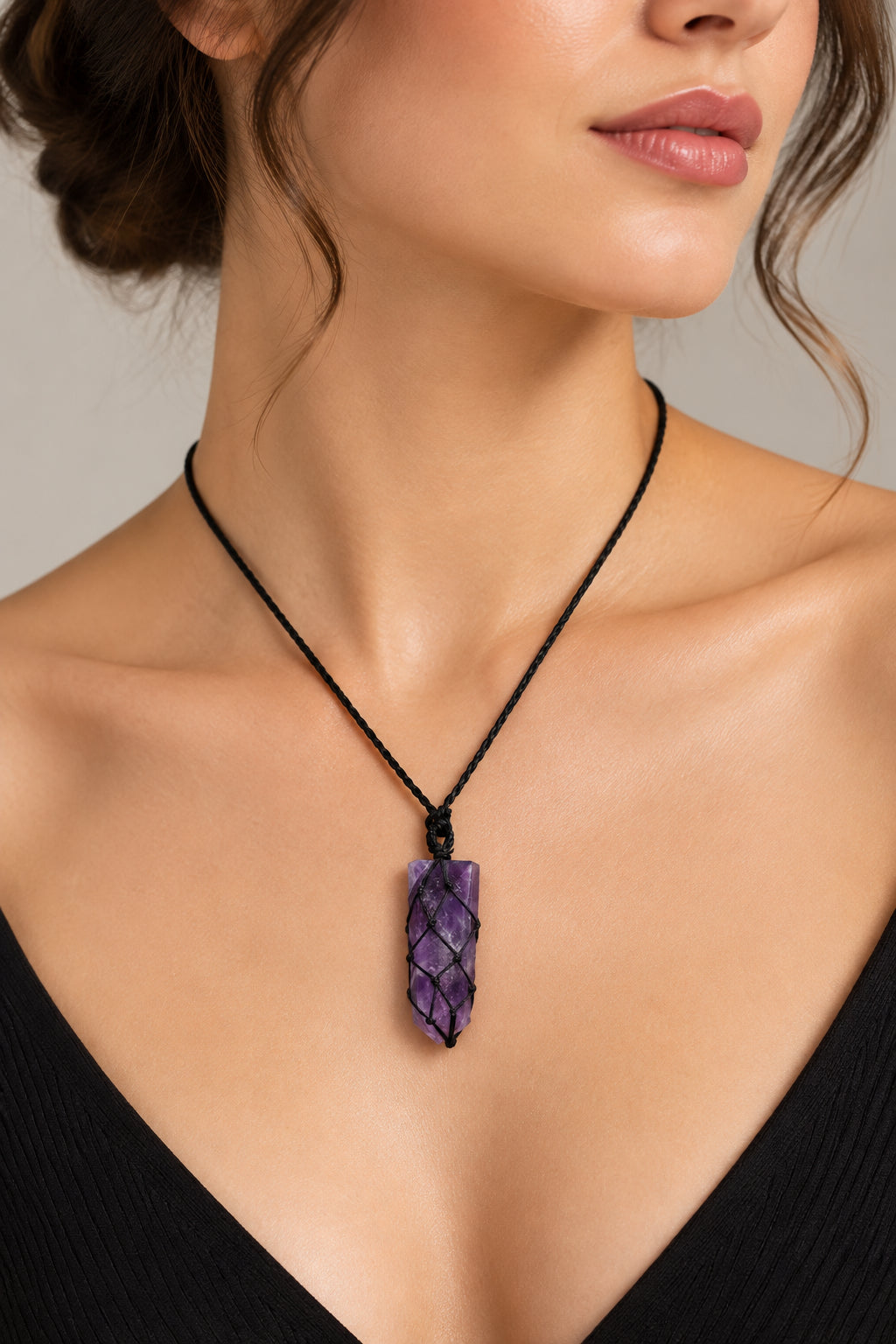 Laced Gemstone Flat Point Pendant - Amethyst