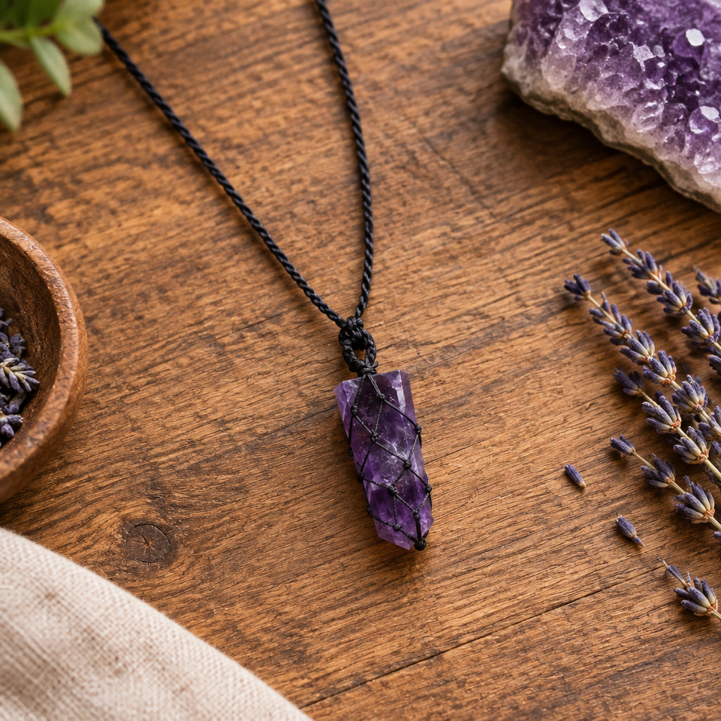 Laced Gemstone Flat Point Pendant - Amethyst