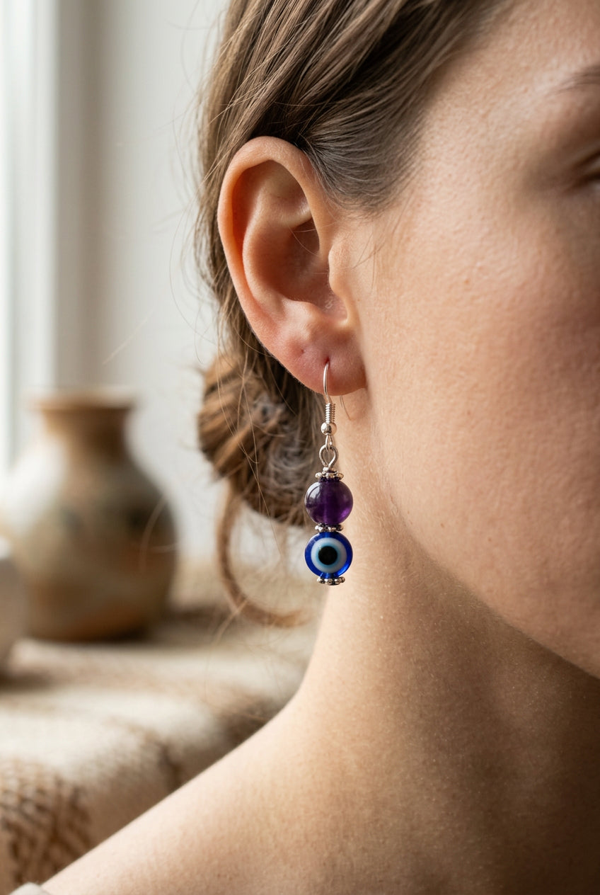 Amethyst with Evil Eye drop earrings