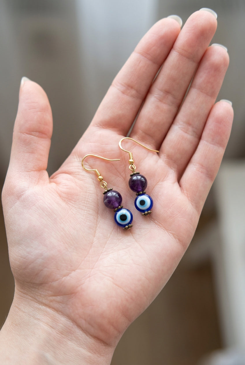 Amethyst with Evil Eye drop earrings