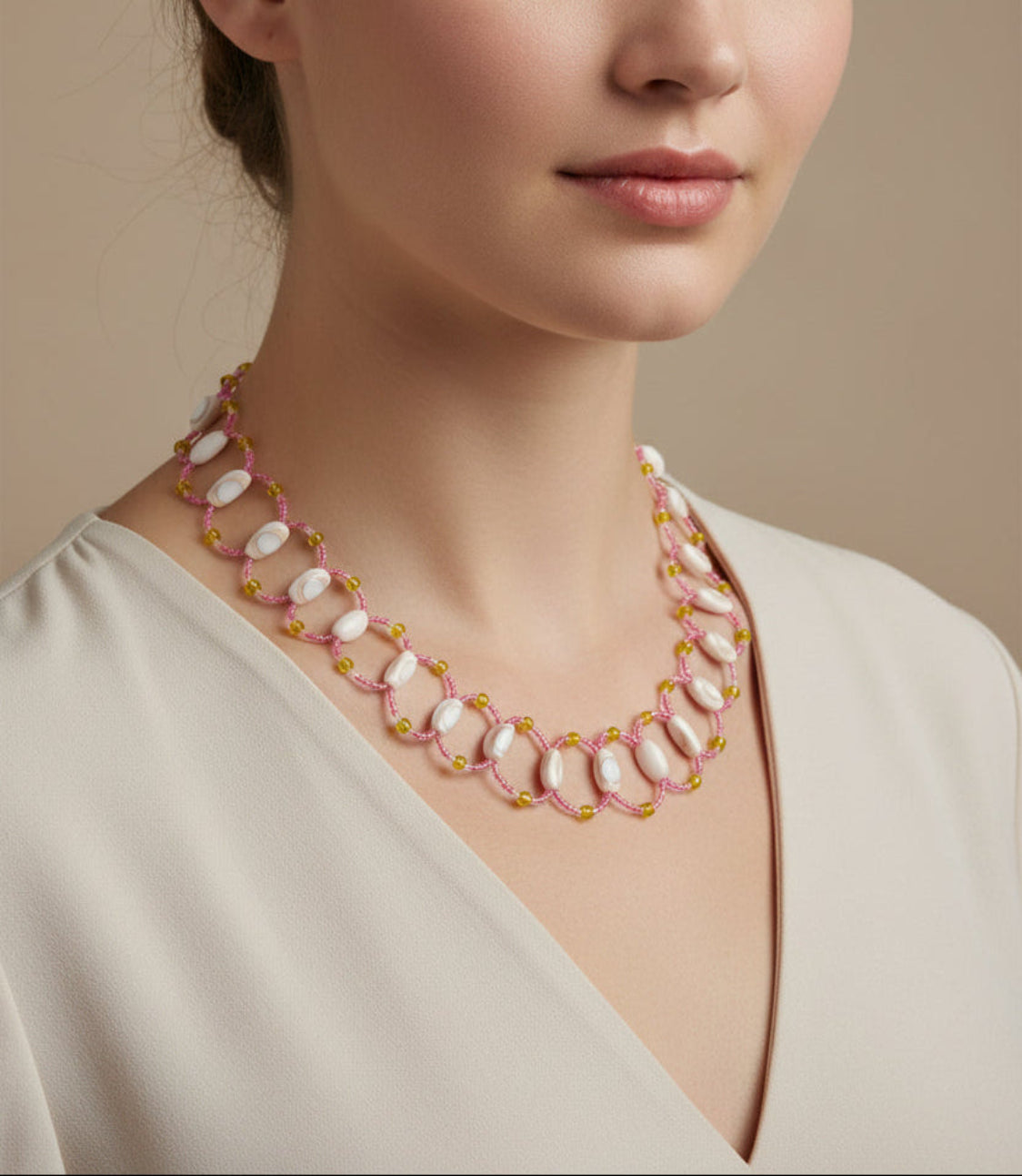 Necklace with pink and white beads worn by a person against a neutral background