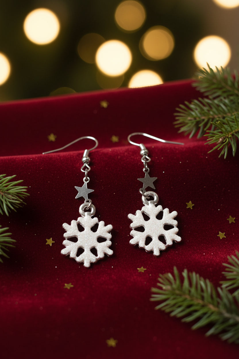 Christmas Festive Drop earrings, Snowflakes and Jingle Bells