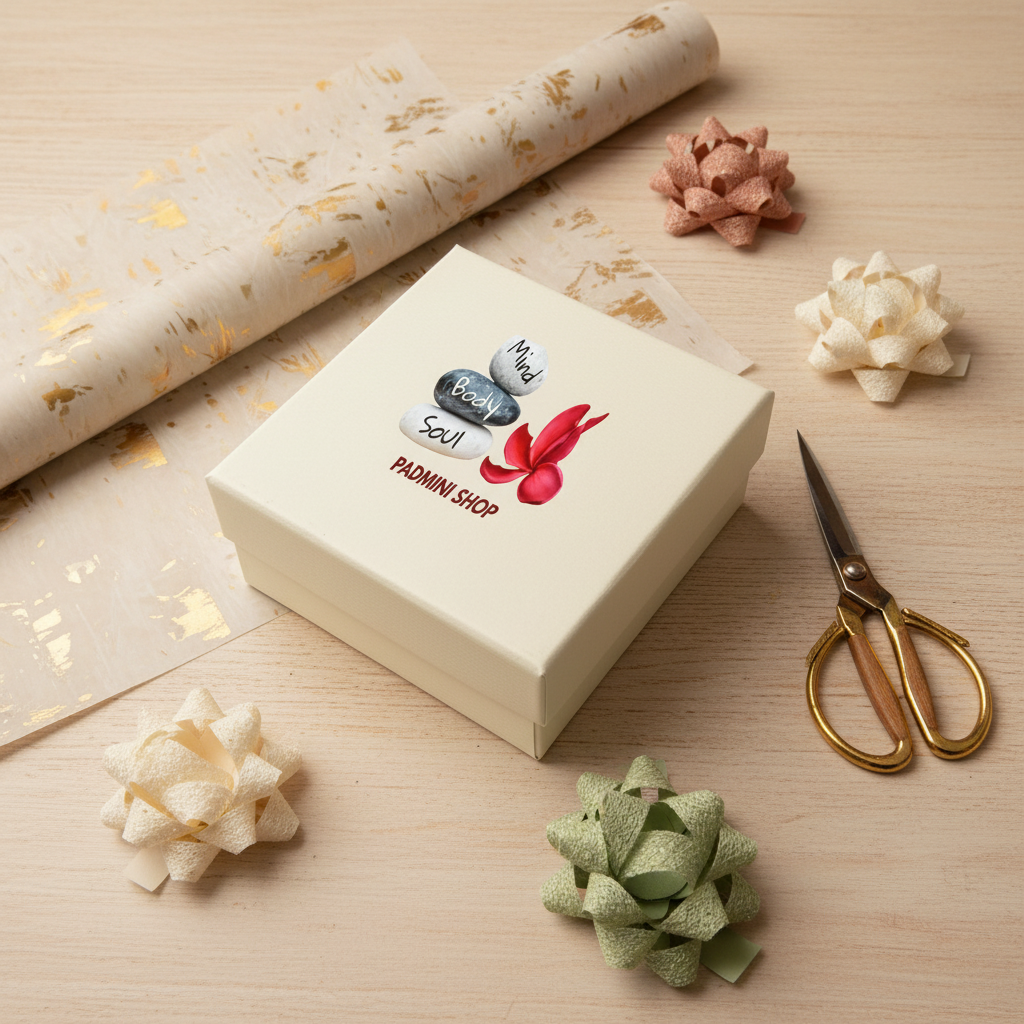 A square cream-colored gift box with a lid, featuring a printed logo of three stones labeled 'Mind', 'Body', and 'Soul' next to a red flower and the text 'PADMINI SHOP'. The box is placed on a textured blue surface.
