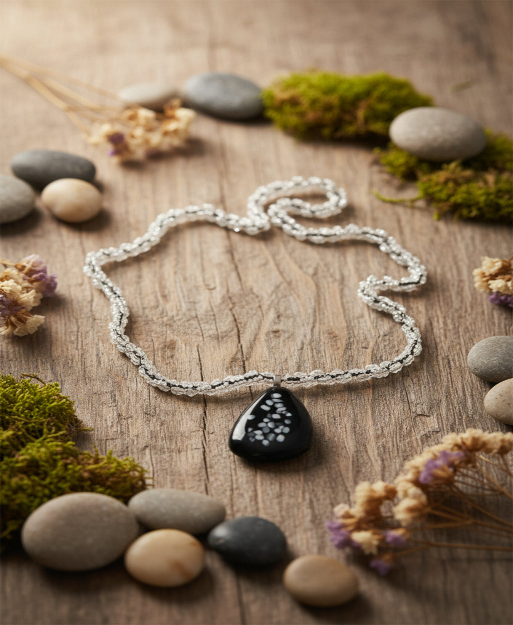 Dichroic Glass Beaded Necklace | Colour-Shifting Black & White Handcrafted Jewellery