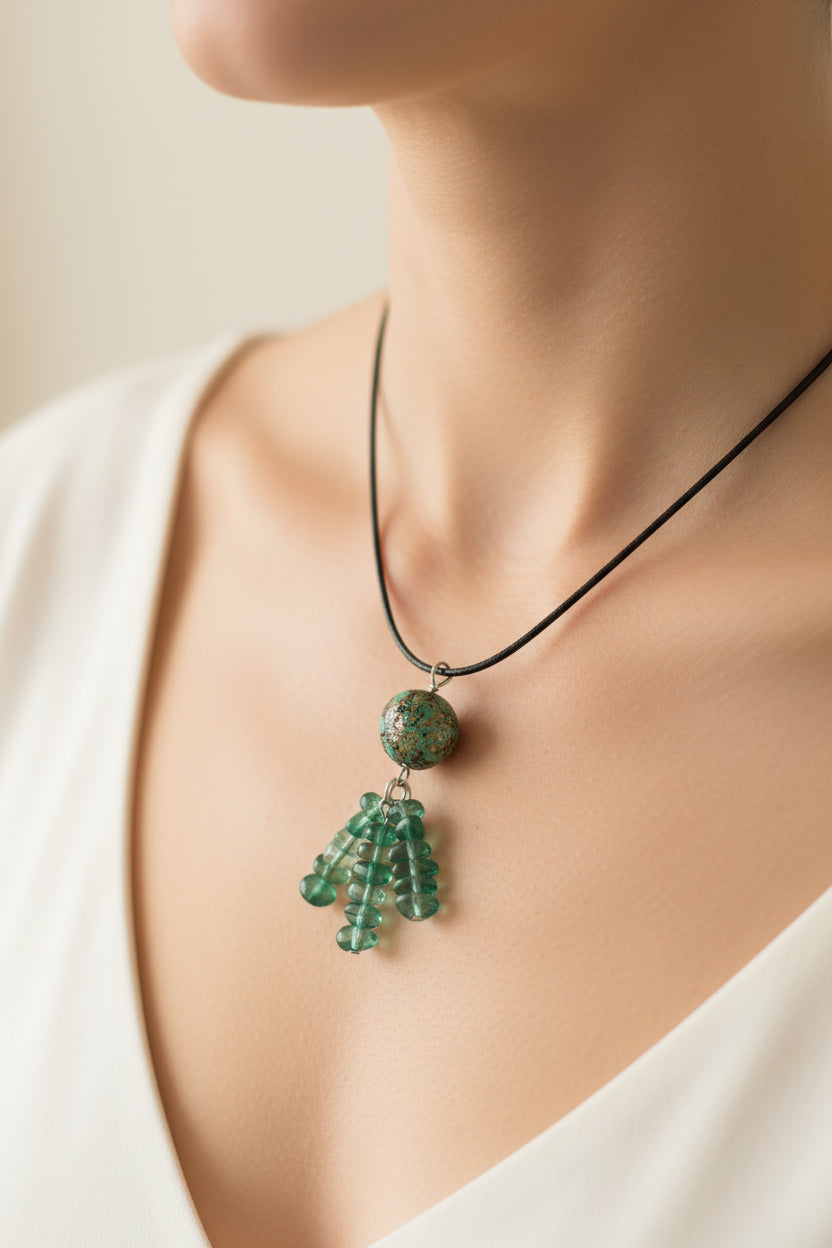 A black cord necklace featuring a textured metallic bead and a dangling cluster of green chip stones, shown against a plain light gray background.