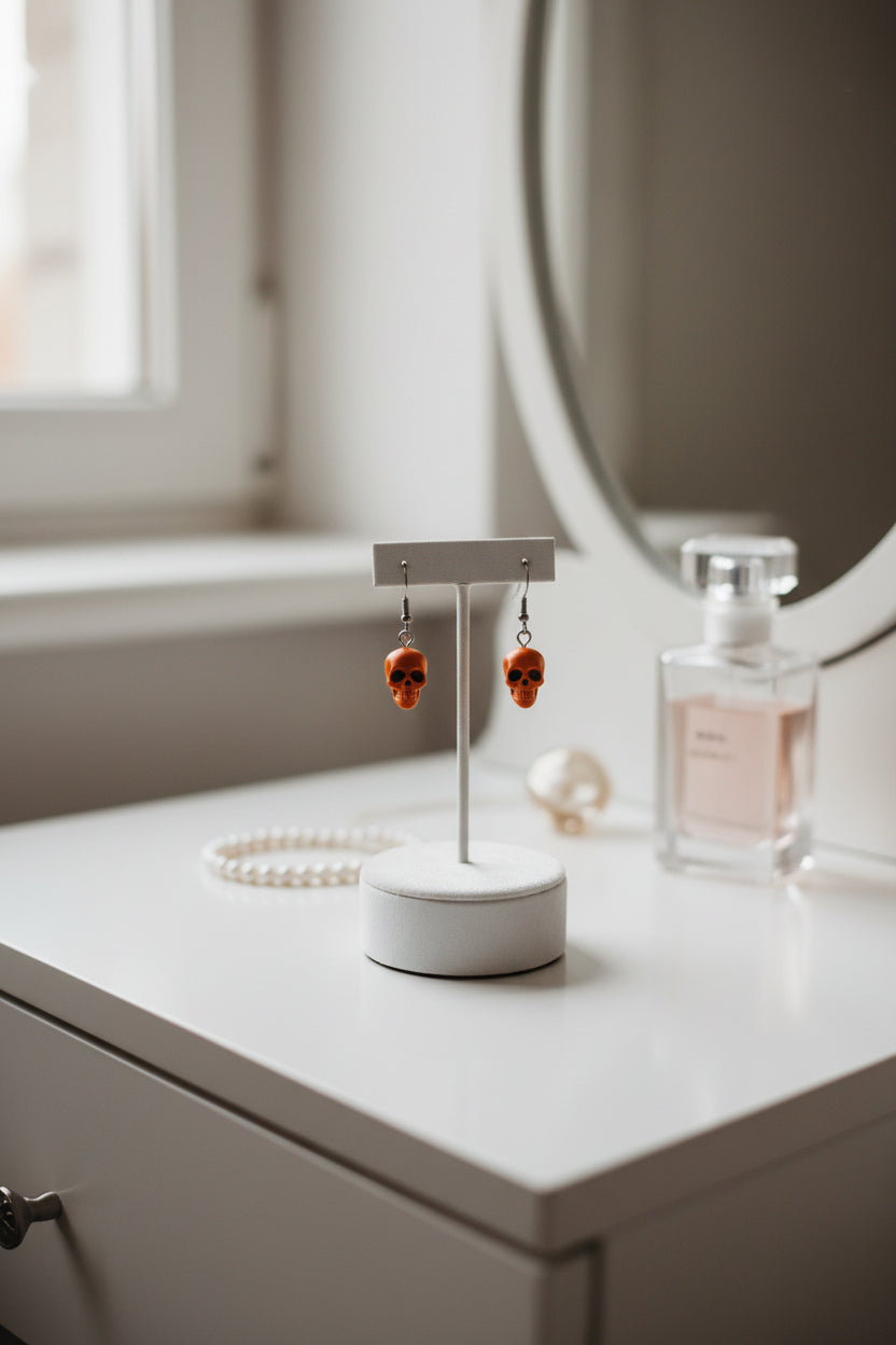 A pair of dangling earrings with orange skull charms and silver fishhook wires, displayed on a textured light gray fabric background.