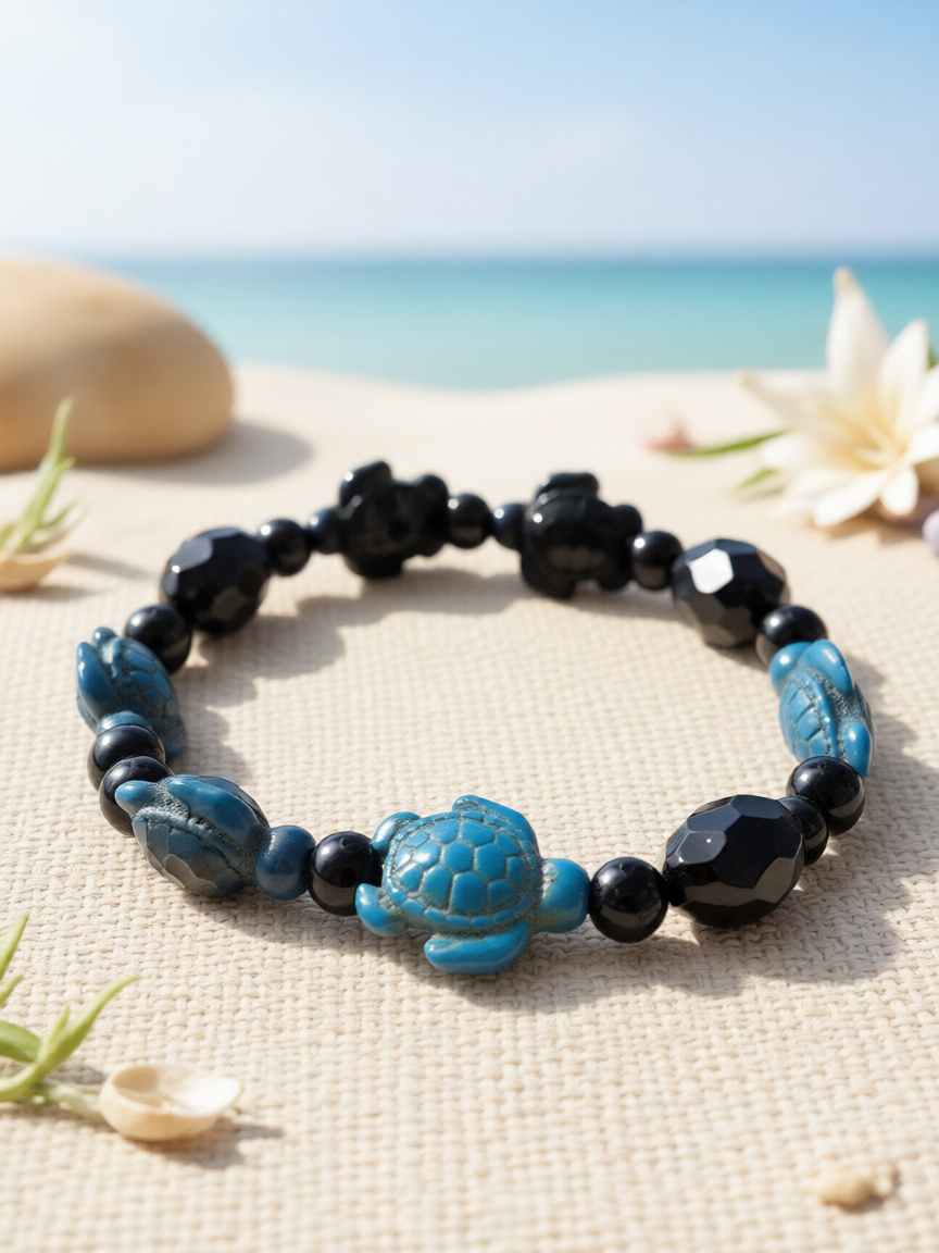 Hematite and blue turtle bracelet