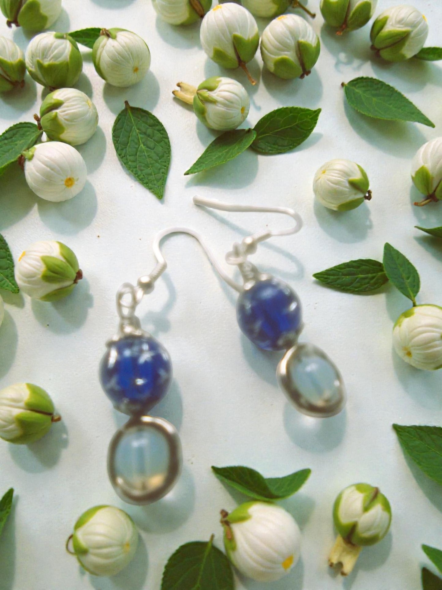 Opalite with blue beaded dangle earrings