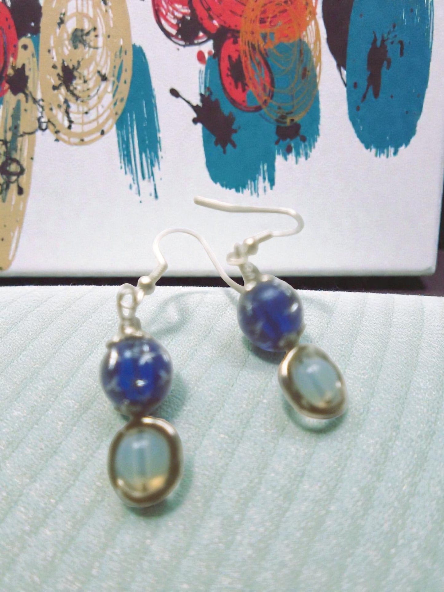 Opalite with blue beaded dangle earrings