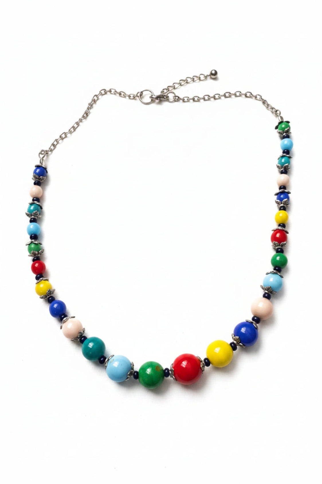 Colorful beaded necklace on a white background