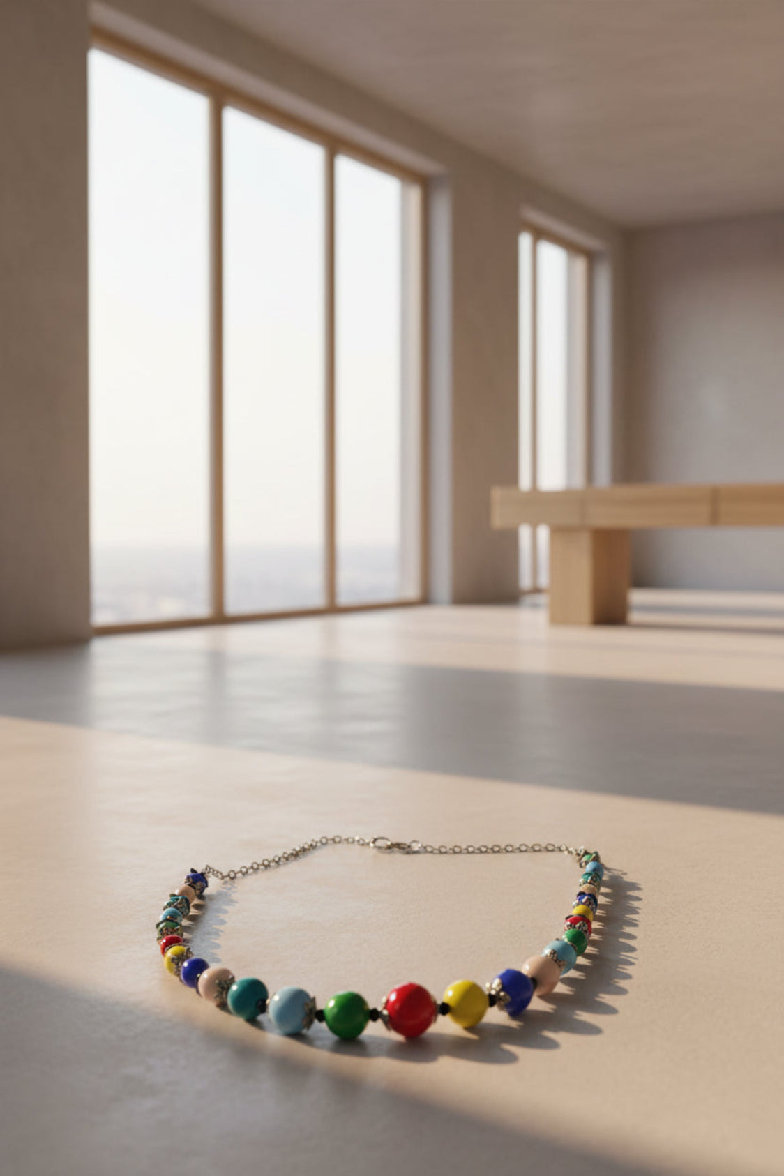 Colorful beaded necklace on a wooden floor with large windows in the background