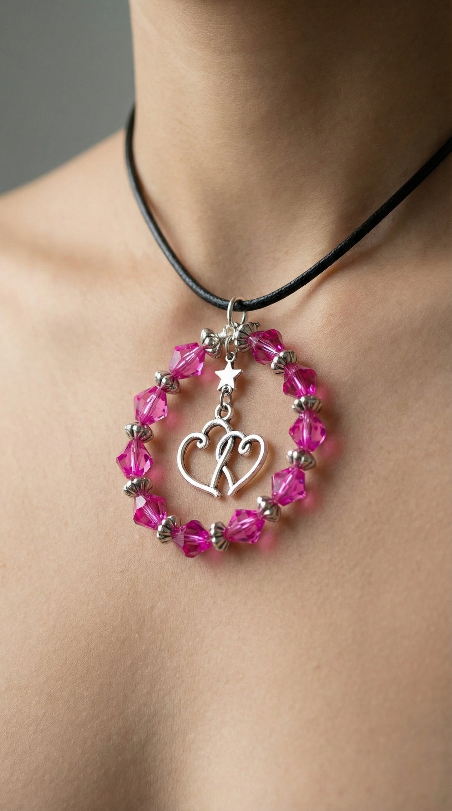 Pink and Silver Double Heart Pendant Necklace