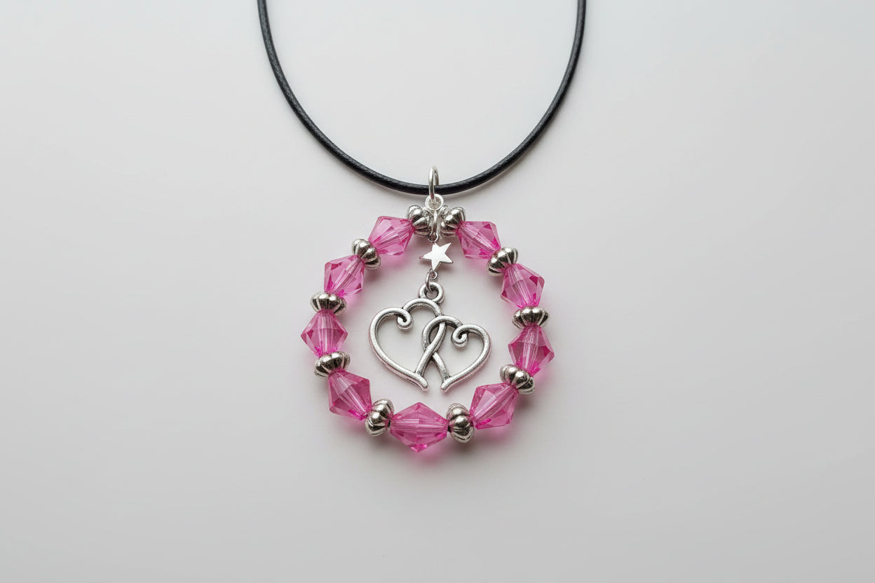 Pink and Silver Double Heart Pendant Necklace