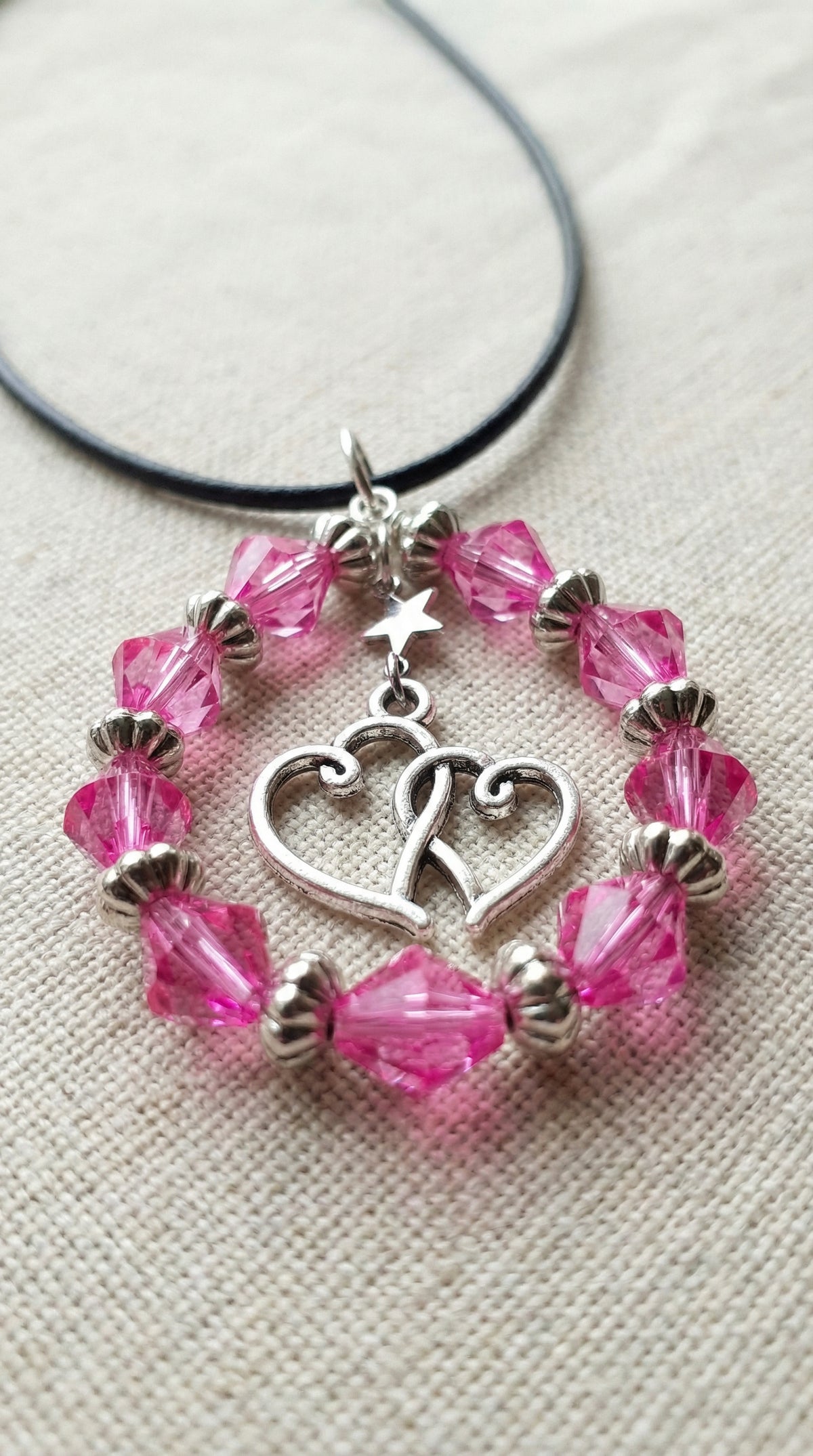 Pink and Silver Double Heart Pendant Necklace