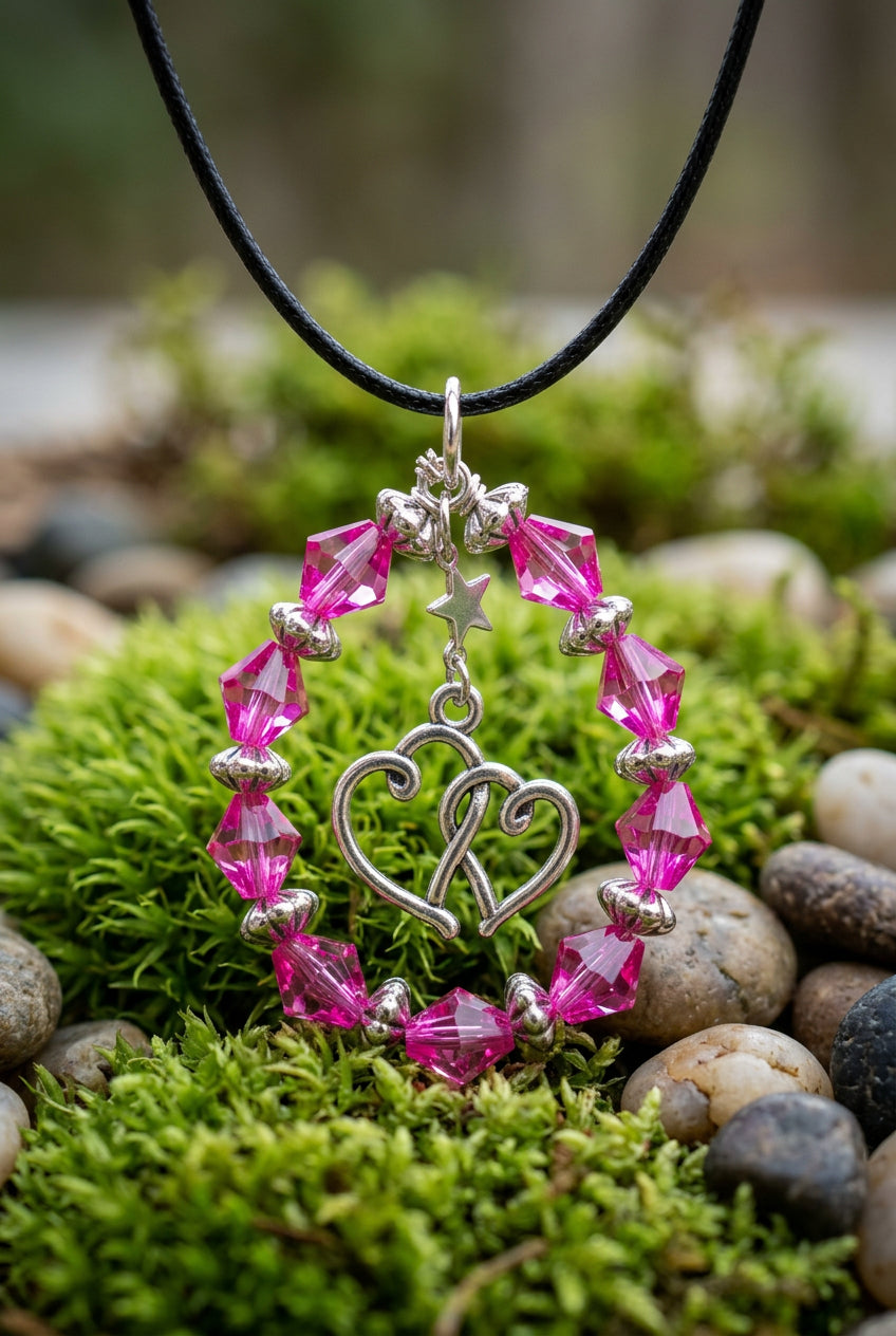 Pink and Silver Double Heart Pendant Necklace