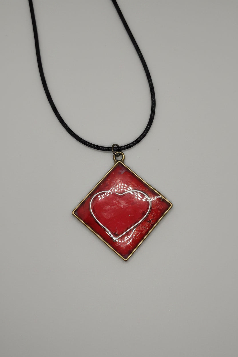 Diamond Shape Silver and Red Heart Pendant Necklace