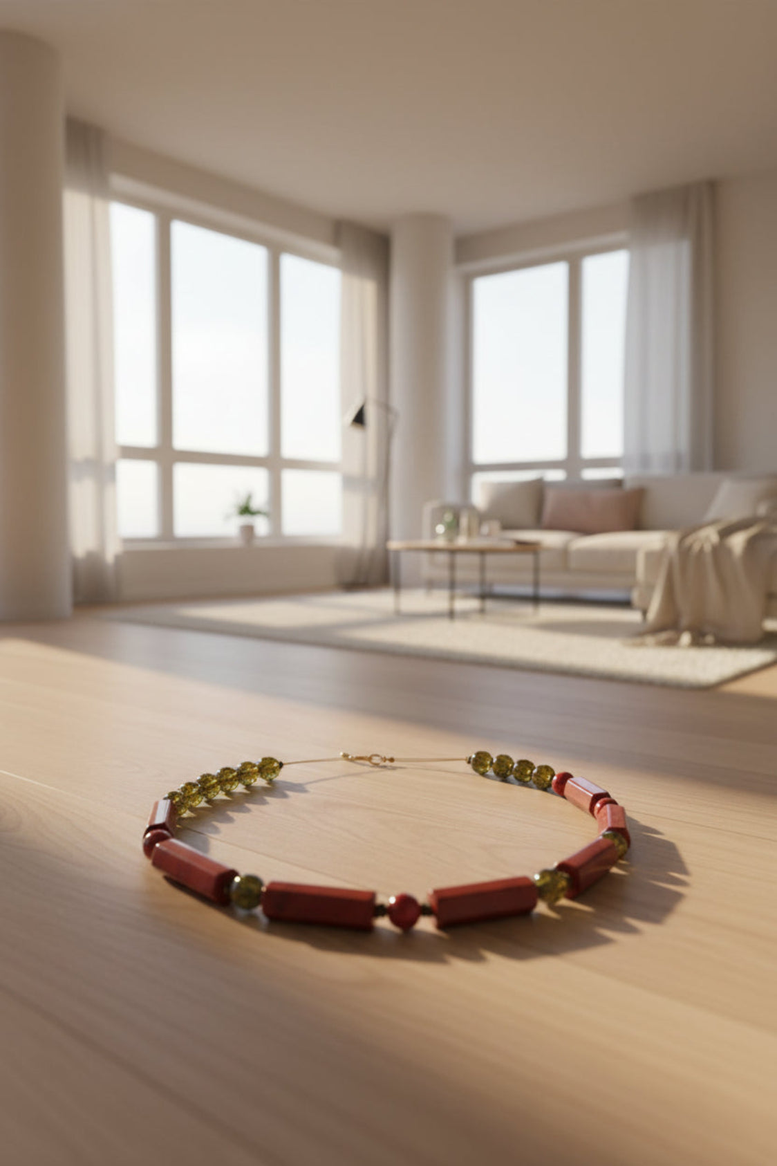 Bracelet with red and green beads on a wooden surface with a blurred living room in the background