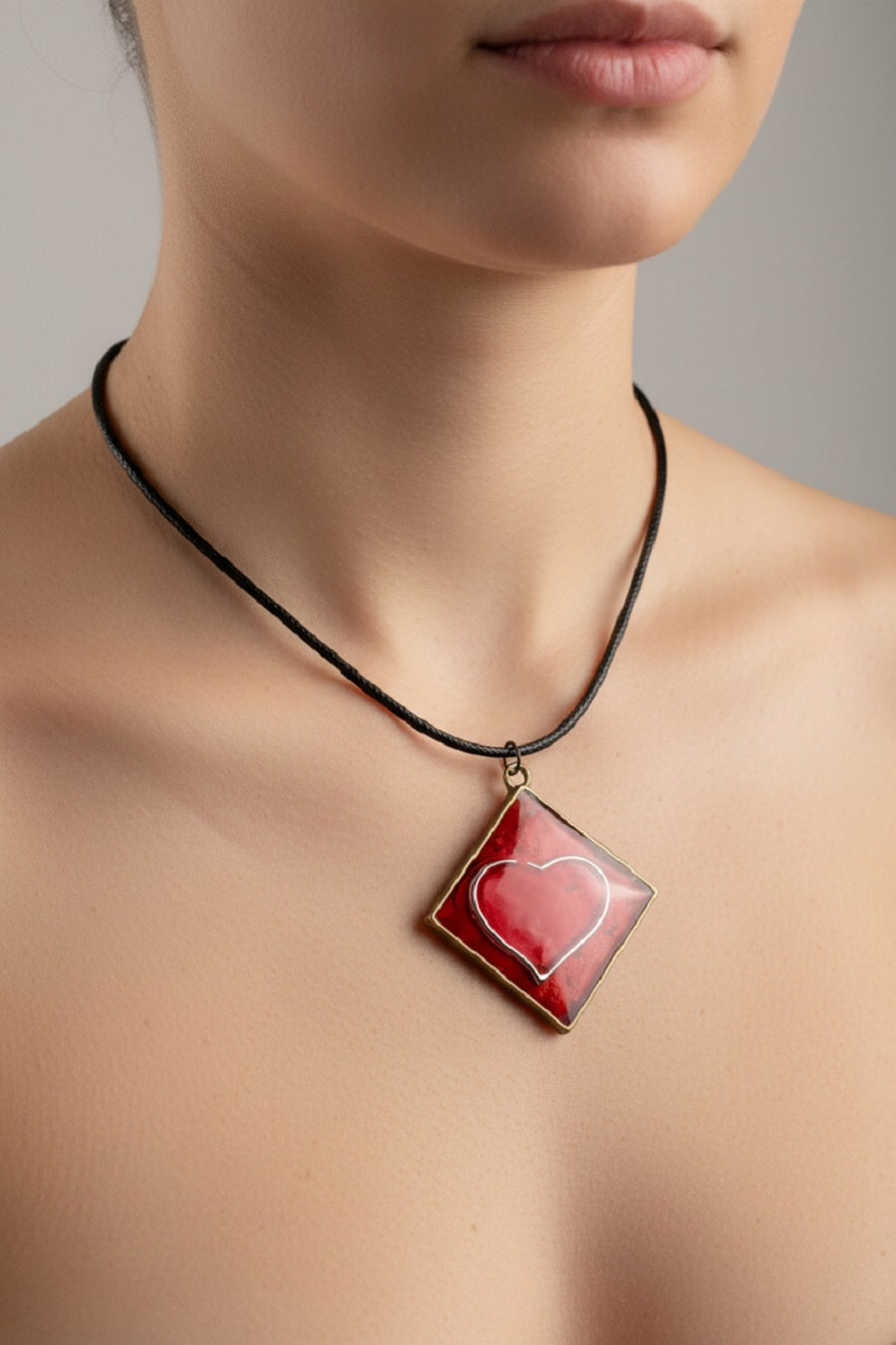 Diamond Shape Silver and Red Heart Pendant Necklace