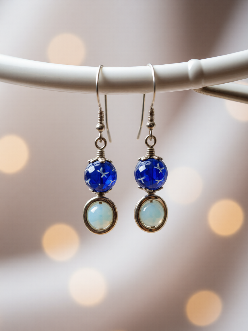 Opalite with blue beaded dangle earrings