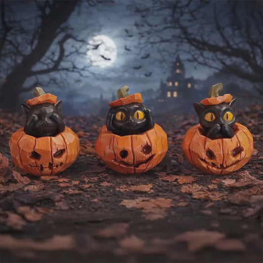 Three Wise Halloween Pumpkin Patch Cats – Spooky Halloween Decor