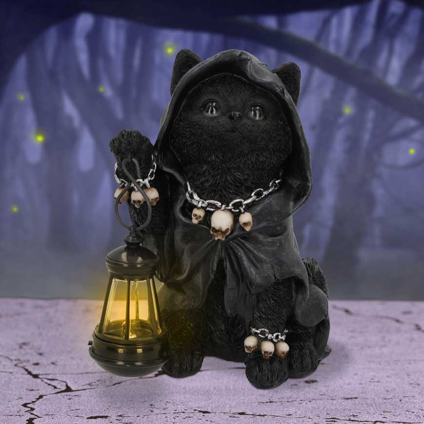 Hand-Painted Halloween Cat Statue – Lantern Holder, Quirky, Grim Reaper, Cat Figurine, adorable feline friend
