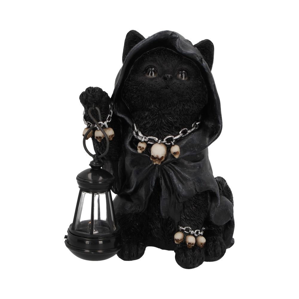 Hand-Painted Halloween Cat Statue – Lantern Holder, Quirky, Grim Reaper, Cat Figurine, adorable feline friend